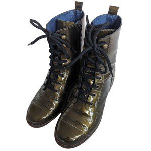 Khaki Patent Leather Boots - Size 38